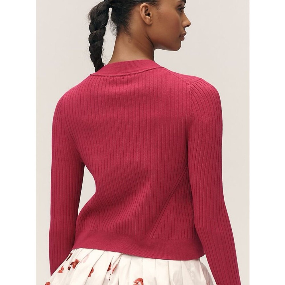 NEW Maeve Ribbed Crew-Neck Cardigan Sweater In Raspberry Size L - Picture 2 of 8